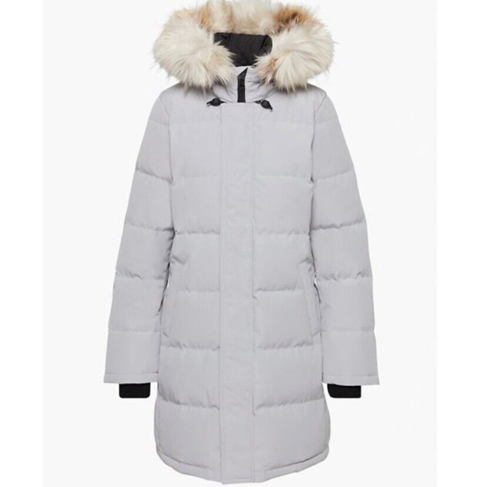 Aritzia TNA The Powder Parka Marble Grey M goose down with faux fur trim